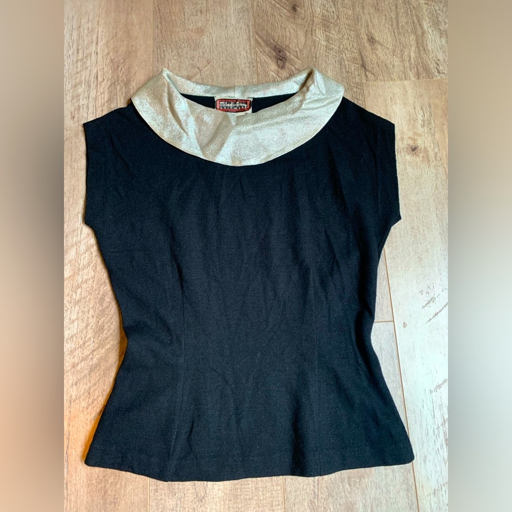 VTG Womans Top 100% Wool Black And Silver Size S Miladi-Anne Knitwear Rockabilly